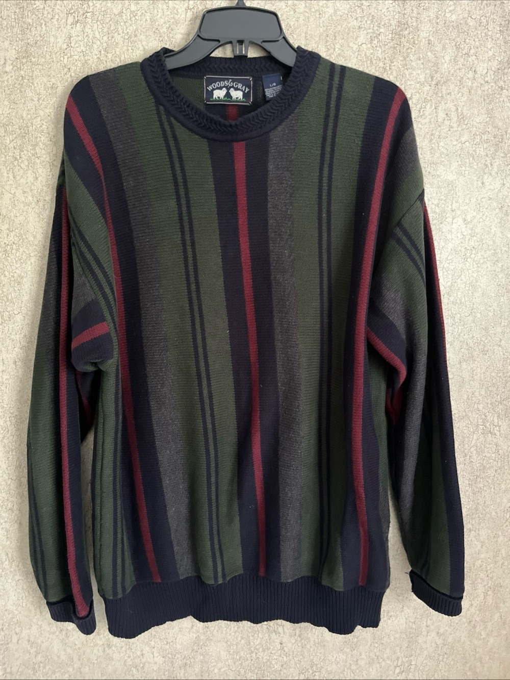 Vintage Woods Gray Sweater Vertical Stripe Blue Green Maroon Grandpa Large